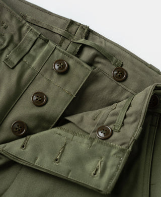 Olive trouser waistband showing multiple buttons and inner pocket panel.