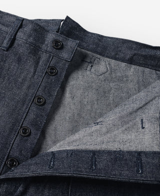 Dark denim waistband view with four dark buttons and interior pocket stitching
