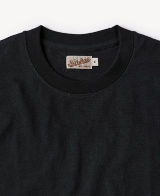 Black crew-neck cotton T-shirt with neck label inside collar opening