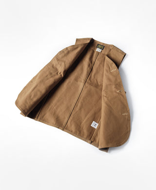 Khaki canvas hunting vest shown laid out, with button placket and pockets