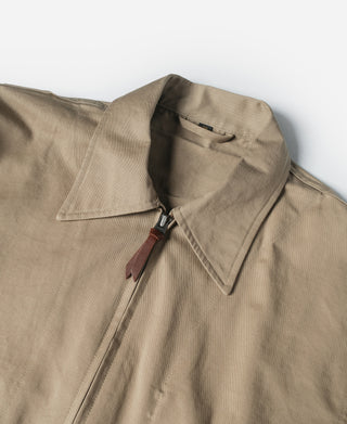 Khaki flight jacket close-up of stand collar and front zipper with leather pull