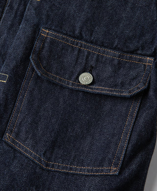Indigo denim jacket chest pocket with round metal button and contrast stitching