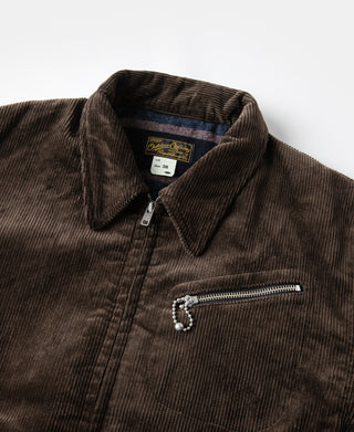Brown corduroy cossack jacket close-up of stand collar and front zipper