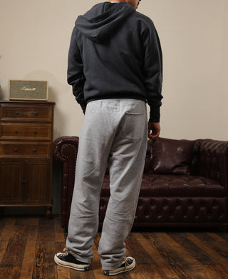 Gray heavyweight terry sweatpants, back view with drawstring waist and cuffs