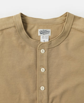 Khaki cotton henley T-shirt neckline with button placket and rib trim