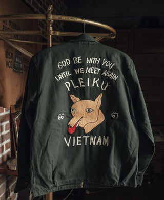 Dark green souvenir jacket with fox graphic and 'VIETNAM' text on back