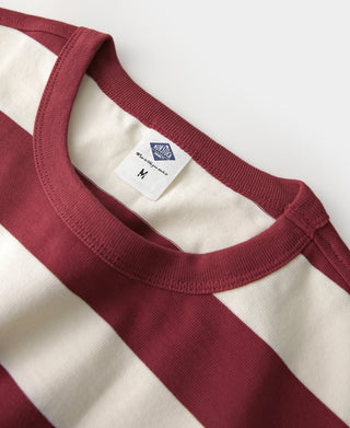 Red and white wide striped cotton T-shirt with interior size label at crew neck