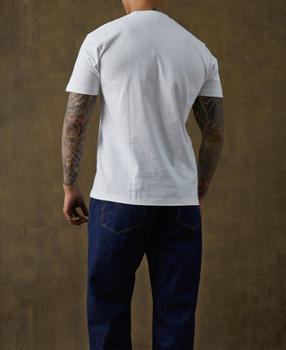 White cotton tubular T-shirt worn on male model, back view