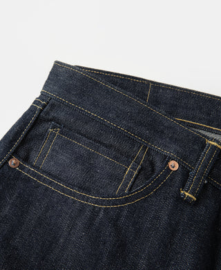 Indigo denim jeans front pocket with stitched opening and copper-tone button