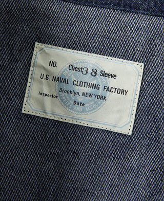 Indigo dungaree pullover jumper chest label patch reading U.S. Naval Clothing Factory