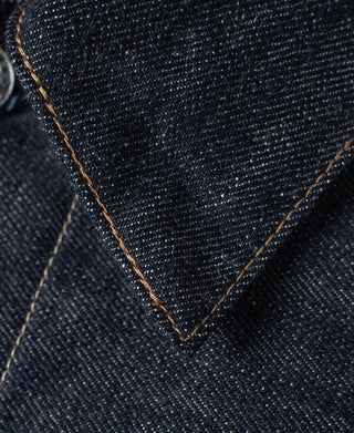 Indigo denim jacket V-stitch detail at front panel