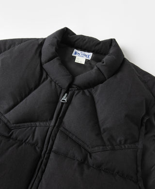 Black padded vest with stand collar and front zipper.