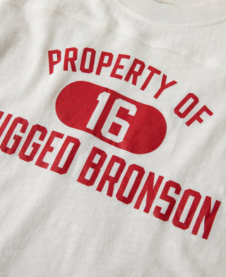 White T-shirt with red arched 'PROPERTY OF 16' text graphic