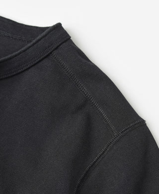 Black long-sleeve henley with ribbed shoulder seam and knit cuff.