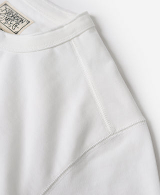 White long-sleeve henley shoulder and sleeve seam with ribbed knit cuff