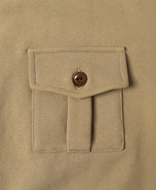Khaki chest pocket with buttoned flap detail on crewneck sweatshirt