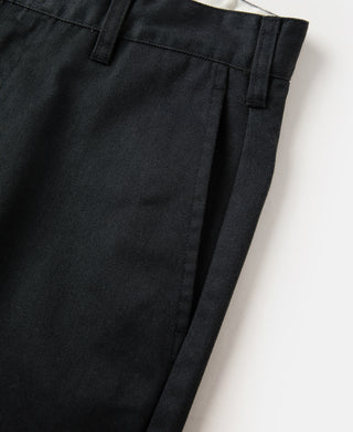 Black straight-leg work pants with front seam and stitched hem