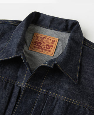 Indigo denim jacket collar and yoke with leather brand label