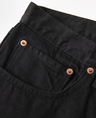 Black denim jeans close-up: coin pocket, belt loops, copper button rivets