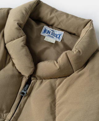 Khaki quilted padded vest with high collar and brand label