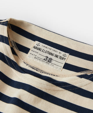 Crew neckline label on apricot and navy striped long sleeve T-shirt