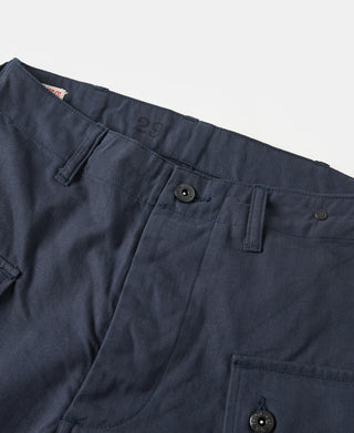 Navy utility shorts close-up of front pocket flap with button details and waistband
