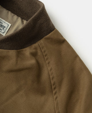 Brown bomber jacket shoulder area with ribbed collar and stitched seam detail.