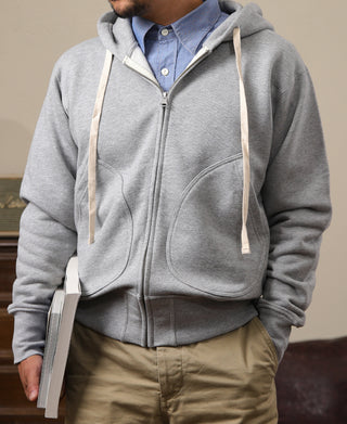 Gray terry cloth full-zip hoodie with drawstring hood and front zipper, front close