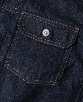Denim jacket chest pocket with flap and metal snap, orange contrast topstitch