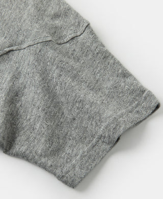 Heather gray short-sleeve T-shirt cuff and side hem seam detail