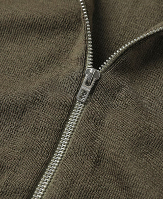 Close-up of olive wool sweater zipper with metal pull