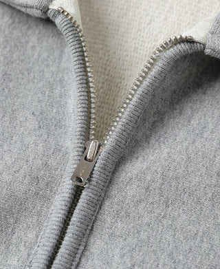 Metal zipper on gray half-zip sweatshirt with ribbed collar