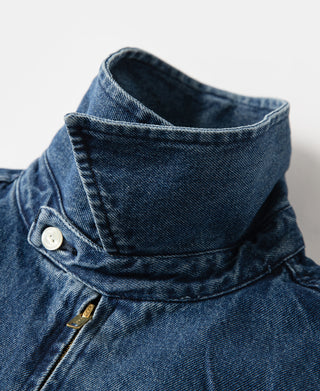 Indigo denim jacket collar with snap button placket and zipper pull