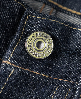 Dark denim coin pocket with round metal rivet and contrast topstitching.