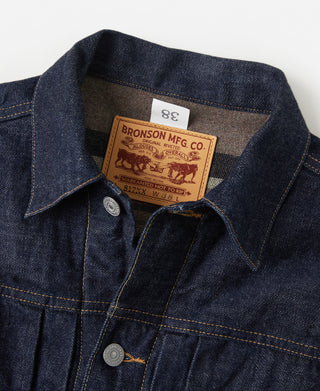 Indigo denim jacket collar with snap button, interior label and plaid lining