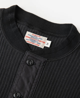 Black ribbed henley collar with front button placket and visible stitching