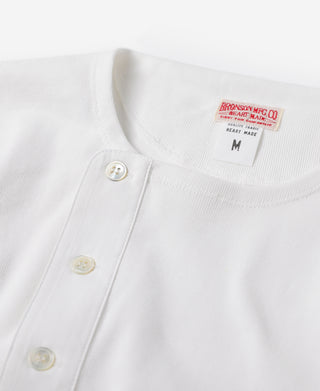 White henley shirt with three-button neckline placket and short sleeves