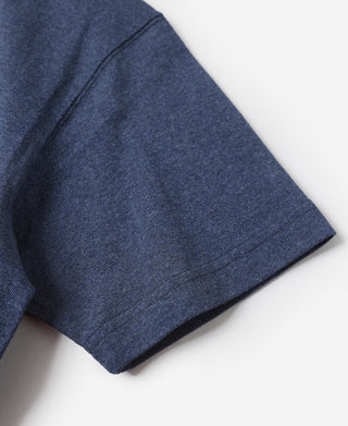 Denim blue cotton tubular T-shirt, short sleeve with straight hem cuff detail