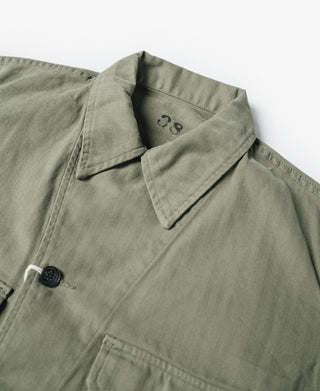 Olive fatigue jacket close-up of stand collar and front button