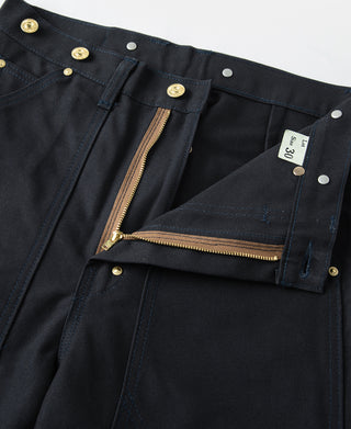 Navy canvas double knee pants with leg zipper and pocket opening detail