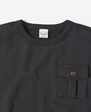 Black sweatshirt front with flap chest pocket and brown button detail.