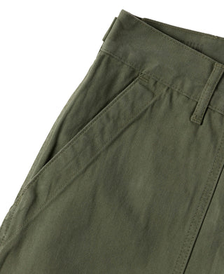 Olive fatigue pants leg with stitched seam and side pocket opening