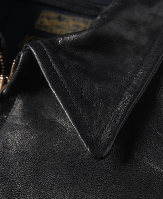 Black goatskin leather Cossack jacket collar seam and zipper placket