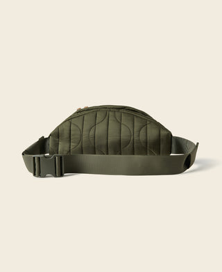 Olive waist bag with back panel stitching and wide adjustable belt strap