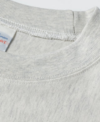 Light gray crewneck T-shirt neckline and ribbed collar seam detail
