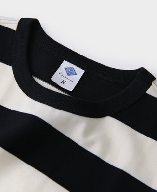 Black-and-white wide striped T-shirt with size label inside crew neckline