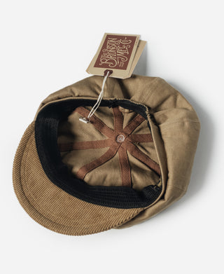 Khaki biker cap interior view with dark elastic trim and ear panel.