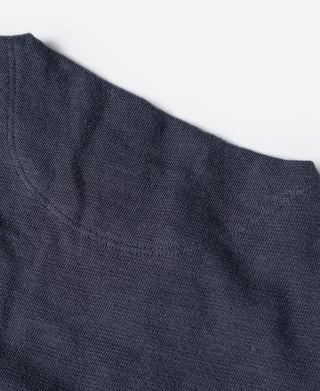 Navy henley T-shirt sleeve and upper back knit texture
