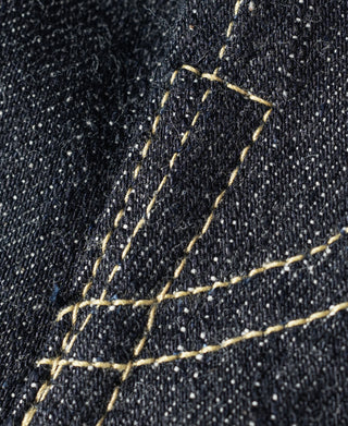 Indigo denim fabric with gold-tone contrast stitching detail