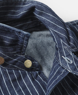 Indigo pinstripe coat collar and top placket detail with brass-tone button